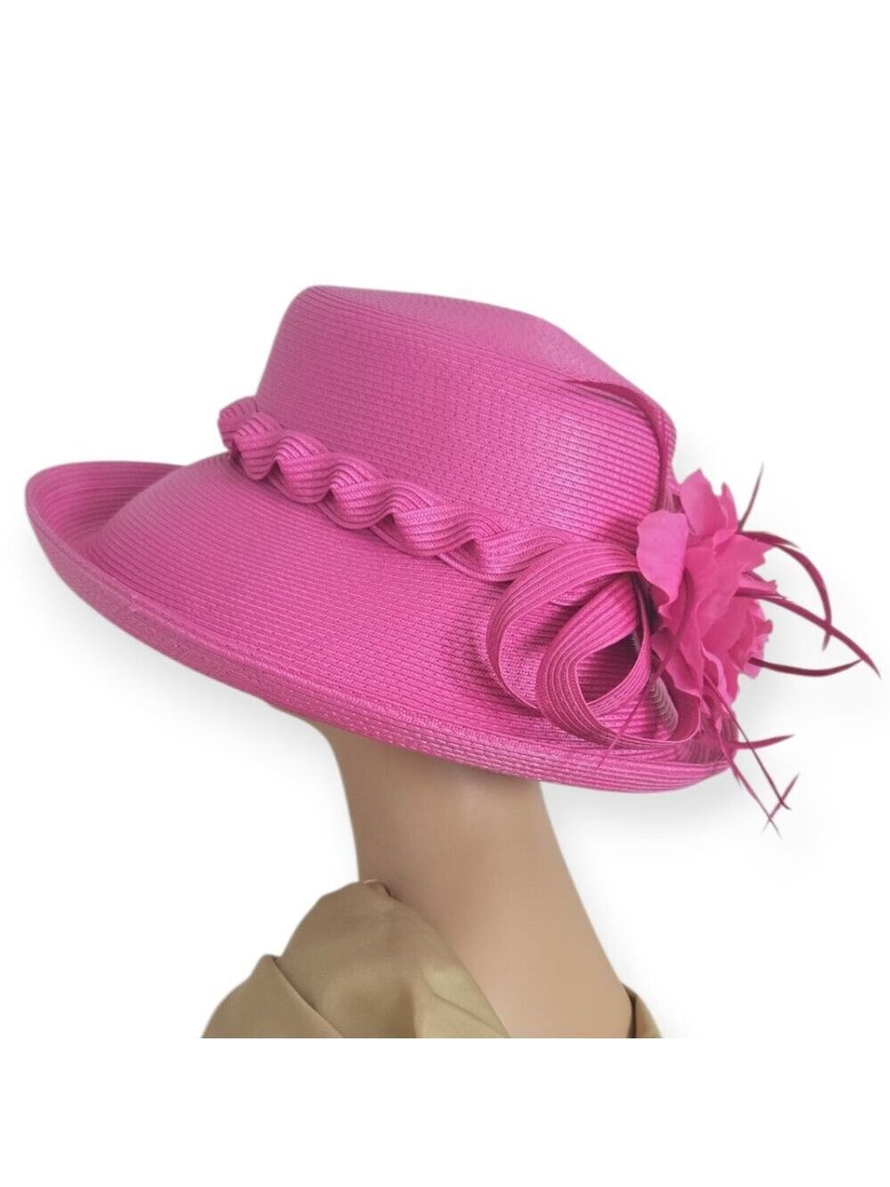 betmar Hot Pink Straw Dress Hat with Braided Band and Floral Accent - Picture 4 of 8